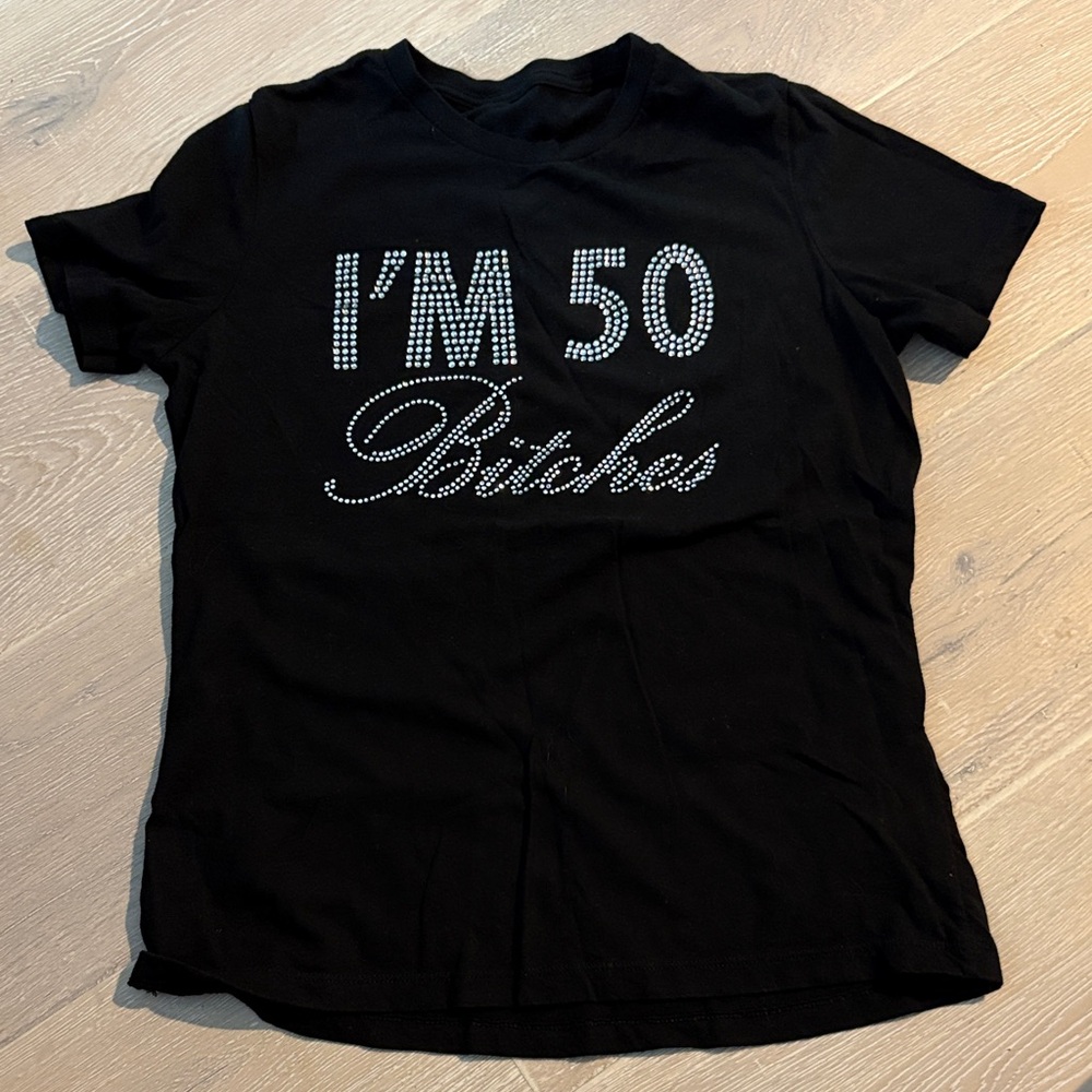Black Graphic T-Shirt with Rhinestone Design